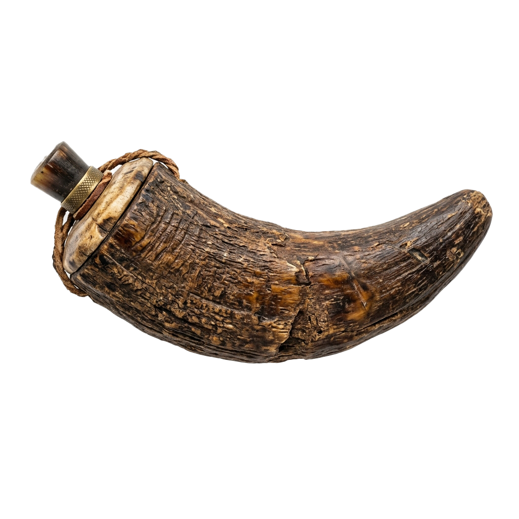 An elephant tusk with a metal fitting attached to one end against a black background
