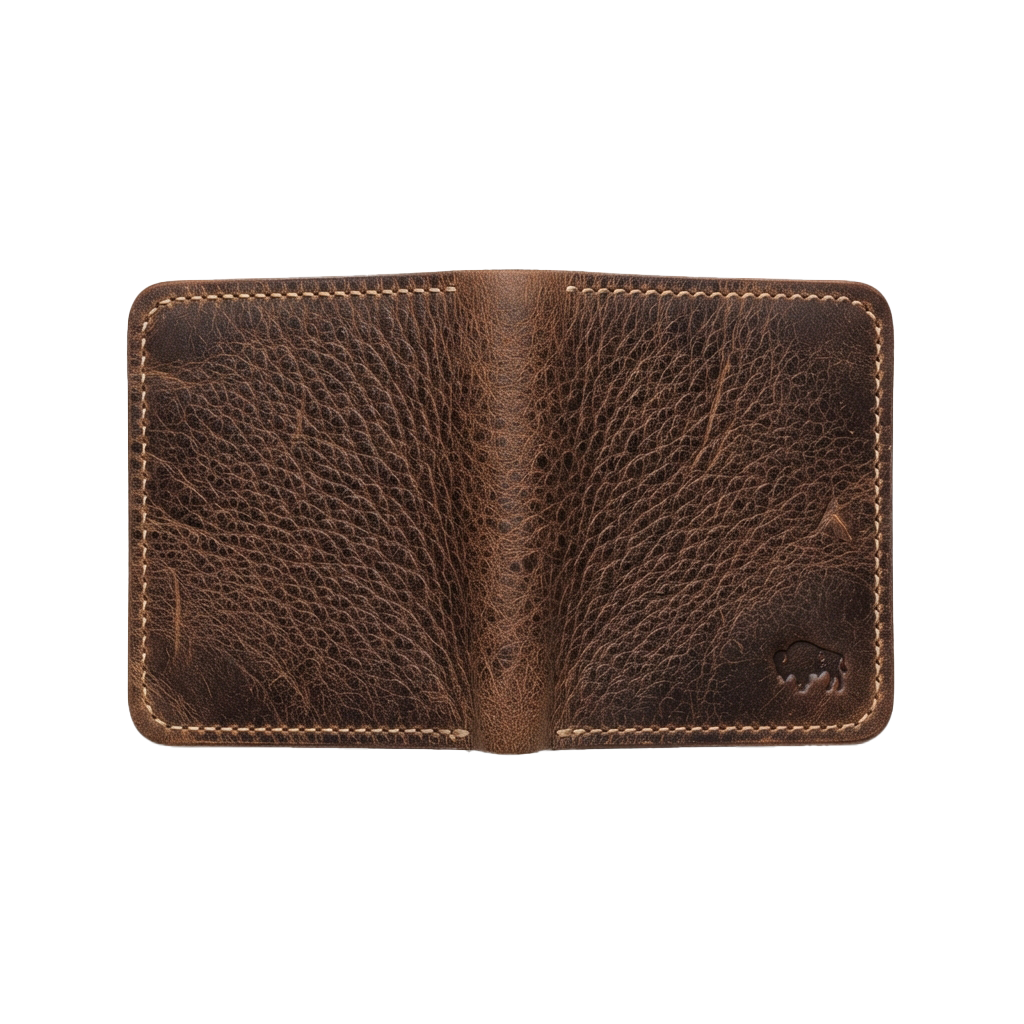 Open brown leather bifold wallet with a small bear logo on the right flap
