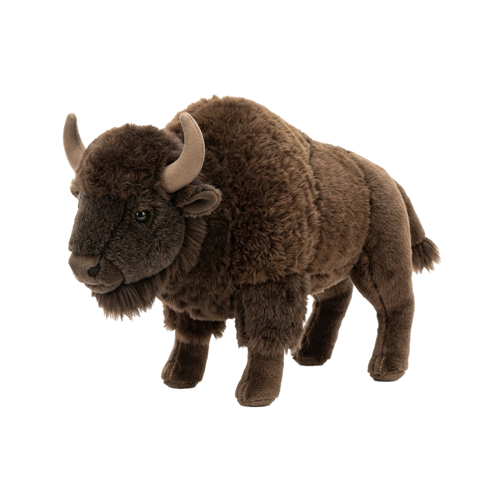 A brown plush bison toy with large curved horns and shaggy fur standing on four legs.