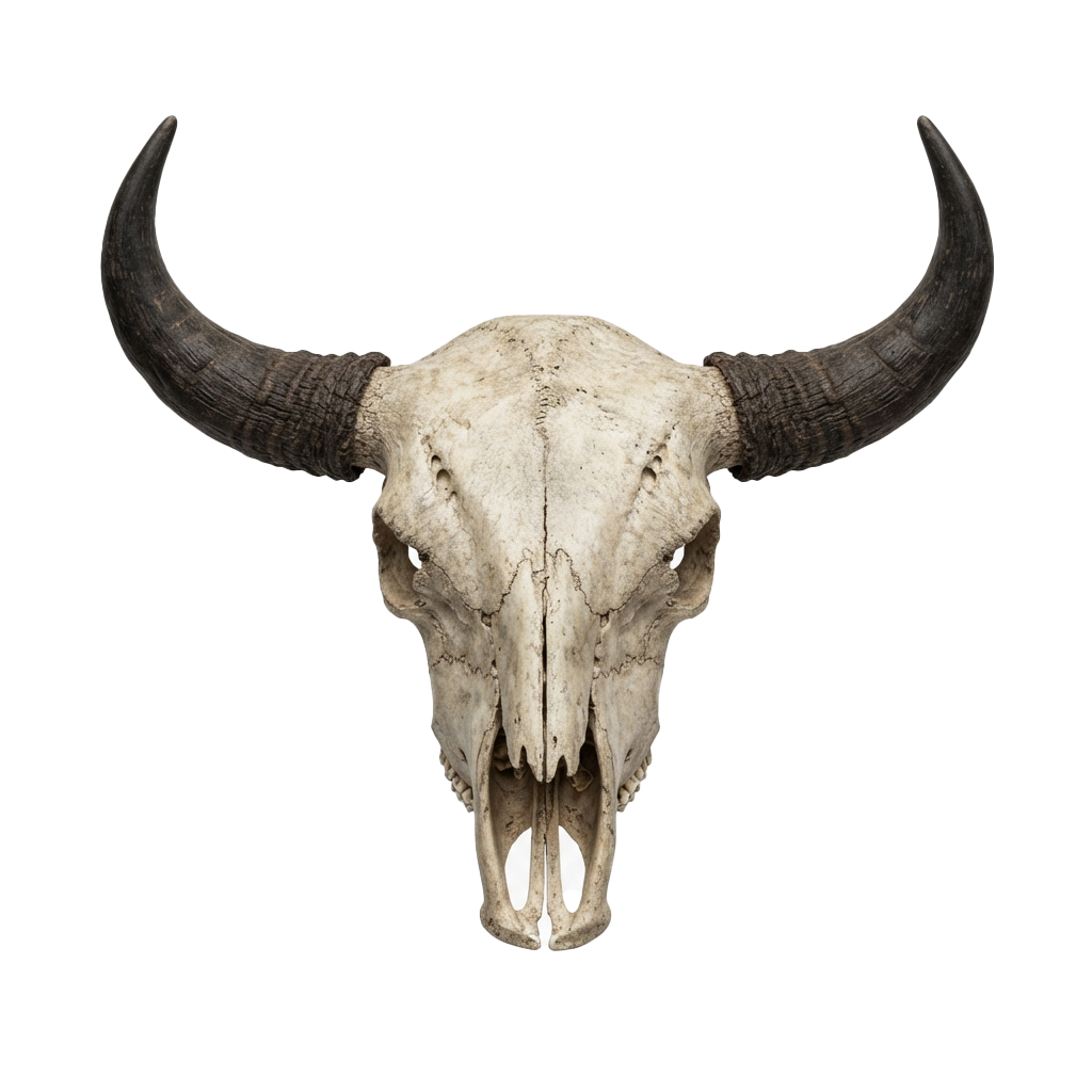 Skull of a buffalo with large, curved black horns facing forward