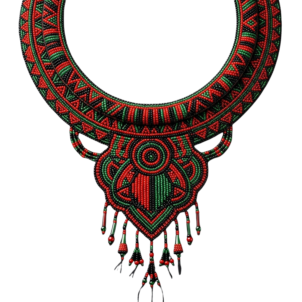 Intricate beaded necklace featuring vibrant red and green geometric designs with dangling red and green tassels
