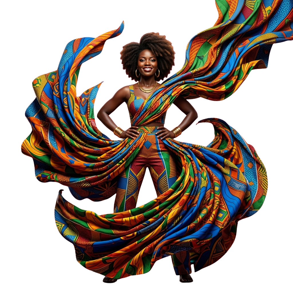 Person wearing colorful African patterned dress with flowing fabric against a dark background
