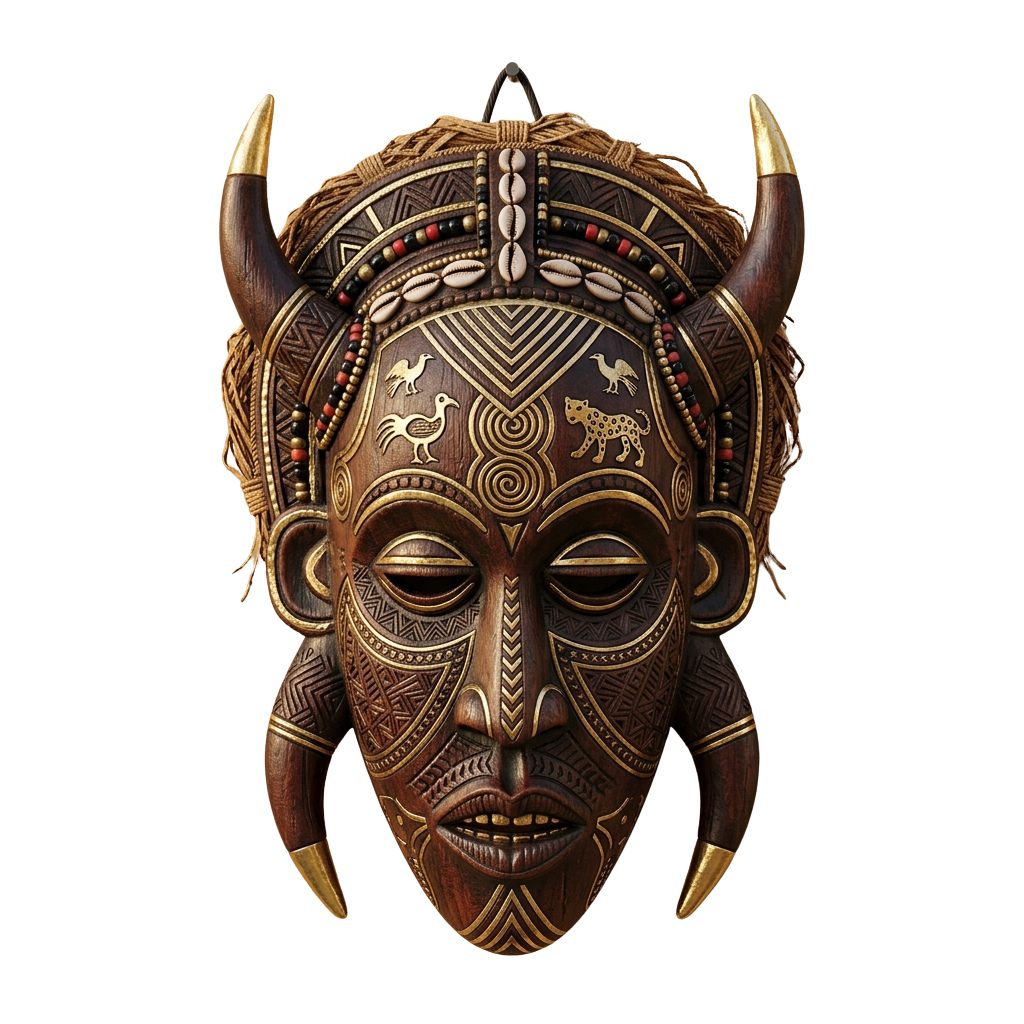 Intricate wooden mask featuring animal motifs, horns, and beaded decorations