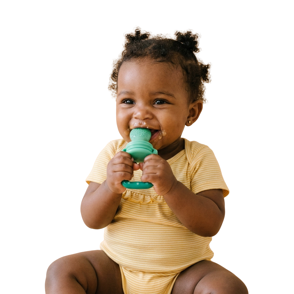 Smiling baby with two small braids chewing on a green teething toy
