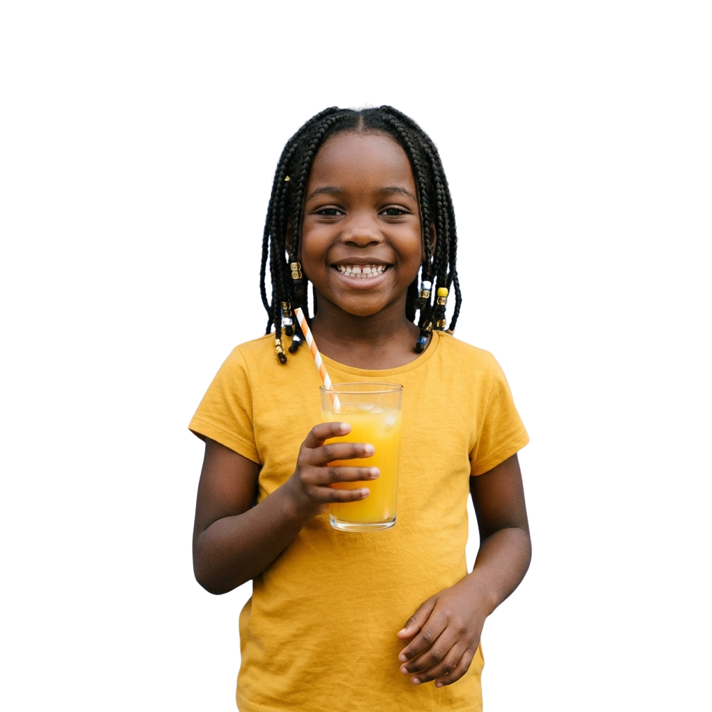 Happy child with braided hair holding a glass of orange juice and smiling