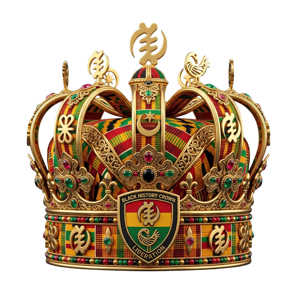 Gold decorative crown with colorful Kente cloth patterns and African symbols, including a shield emblem.