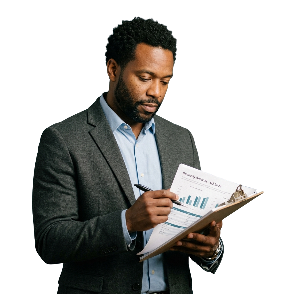 Man in suit reviewing a clipboard with a Q3 financial analysis chart and notes