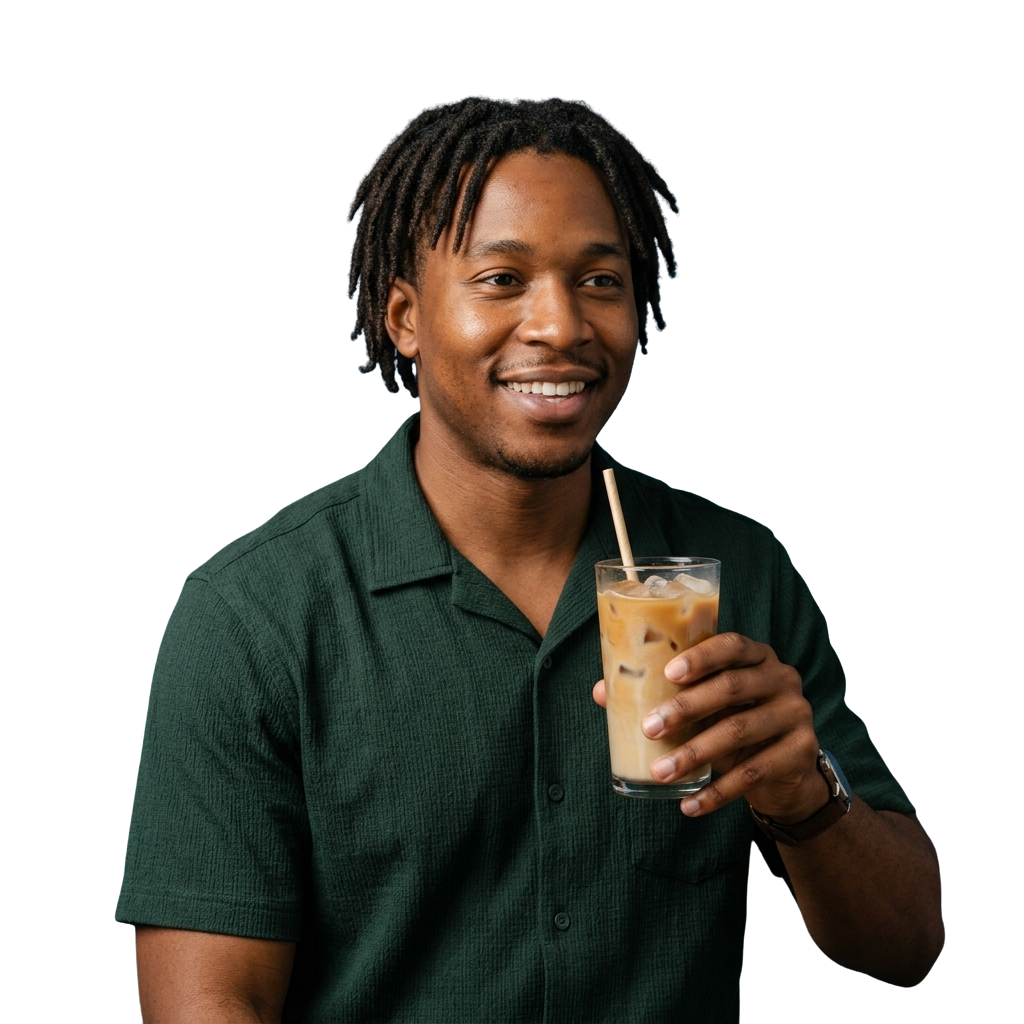 A smiling person with dreadlocks holding a glass of iced coffee with a straw and ice cubes