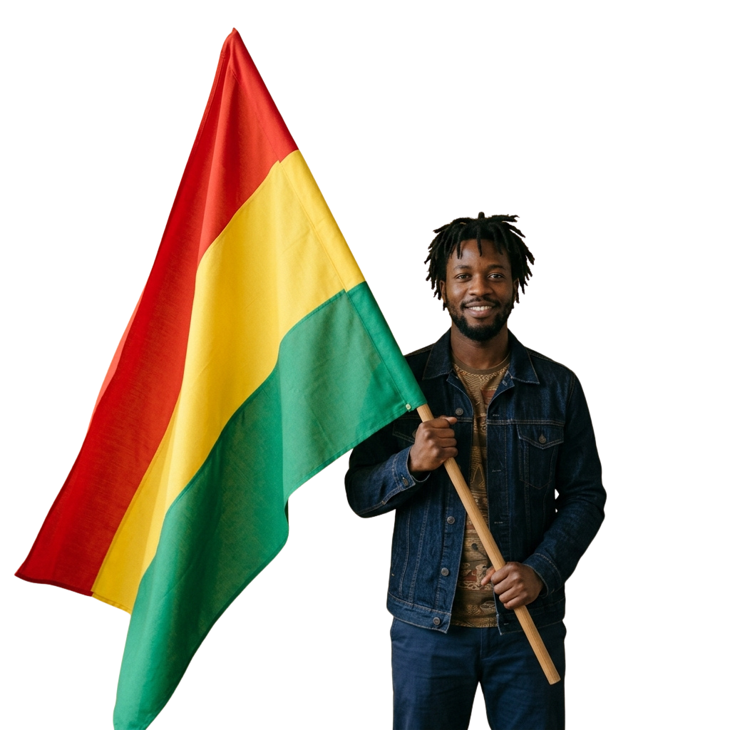 Smiling person holding a large Pan-African flag with red, yellow, and green stripes