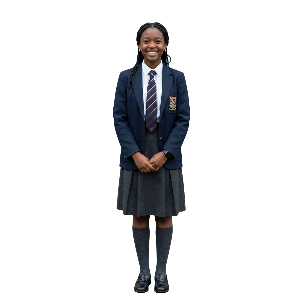 A smiling student wearing a school uniform consisting of a blazer, skirt, tie, and knee-high socks.