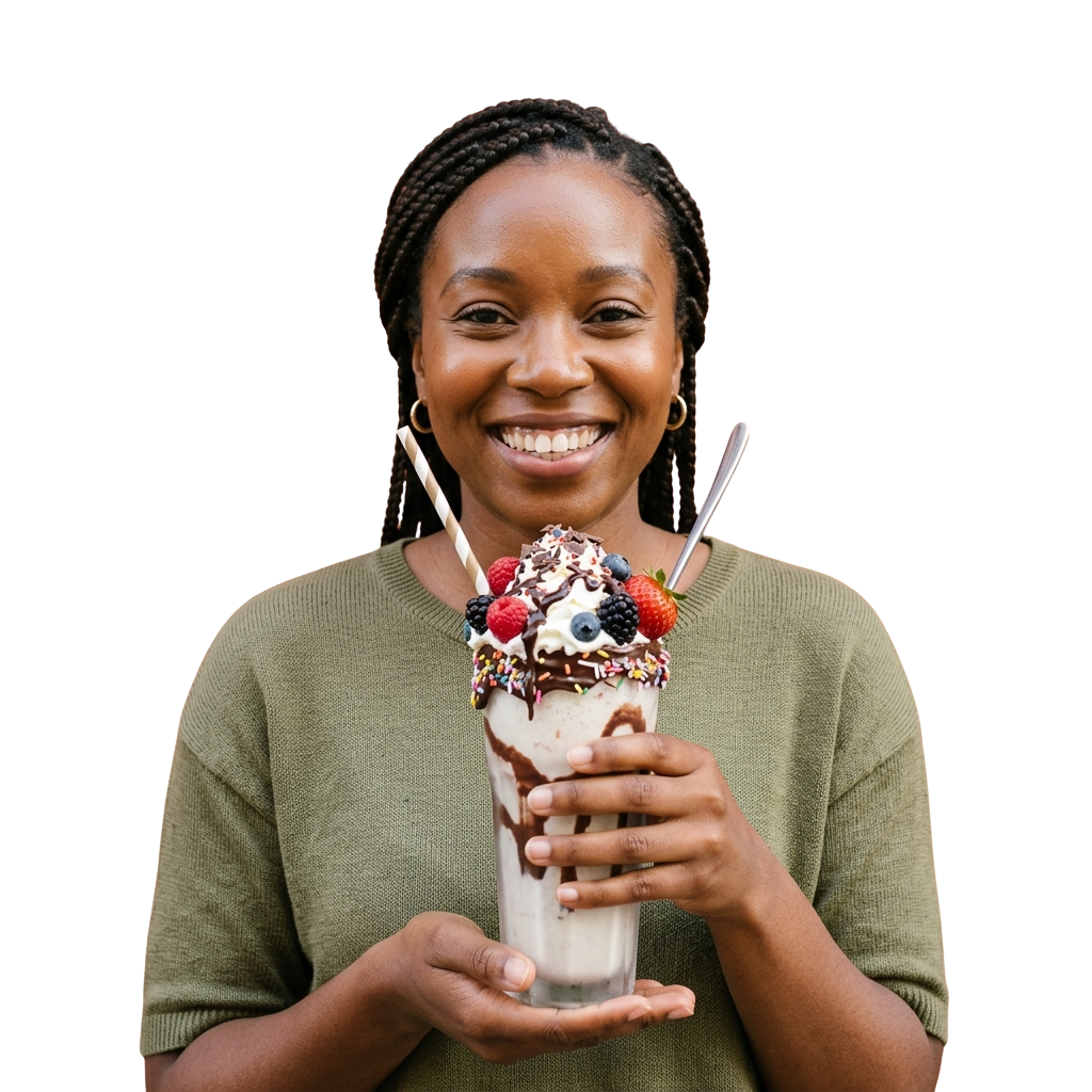 Smiling person holding a tall milkshake topped with berries and sprinkles, using two straws