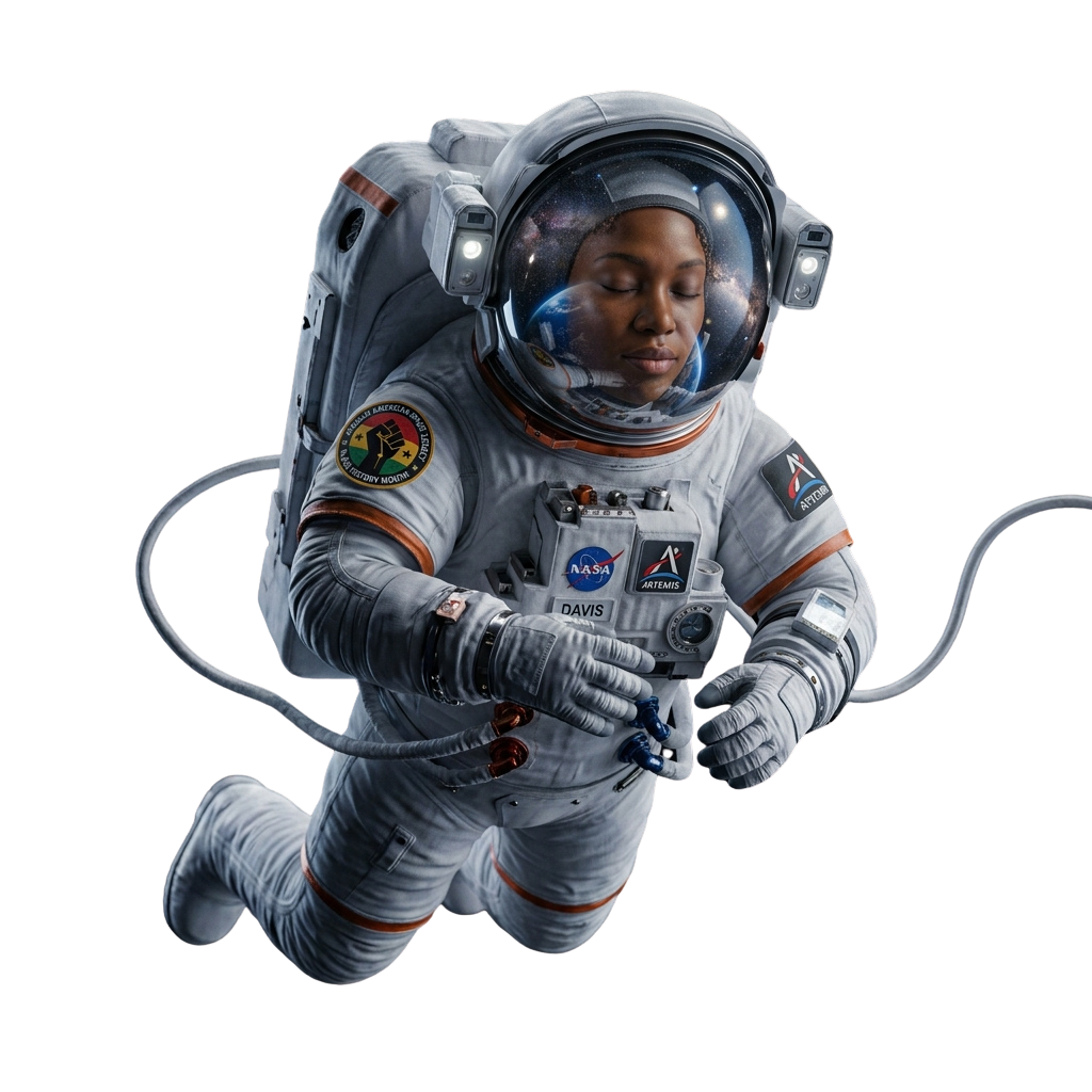 Astronaut in a white space suit with NASA patches floating in space, tethered by a cord.