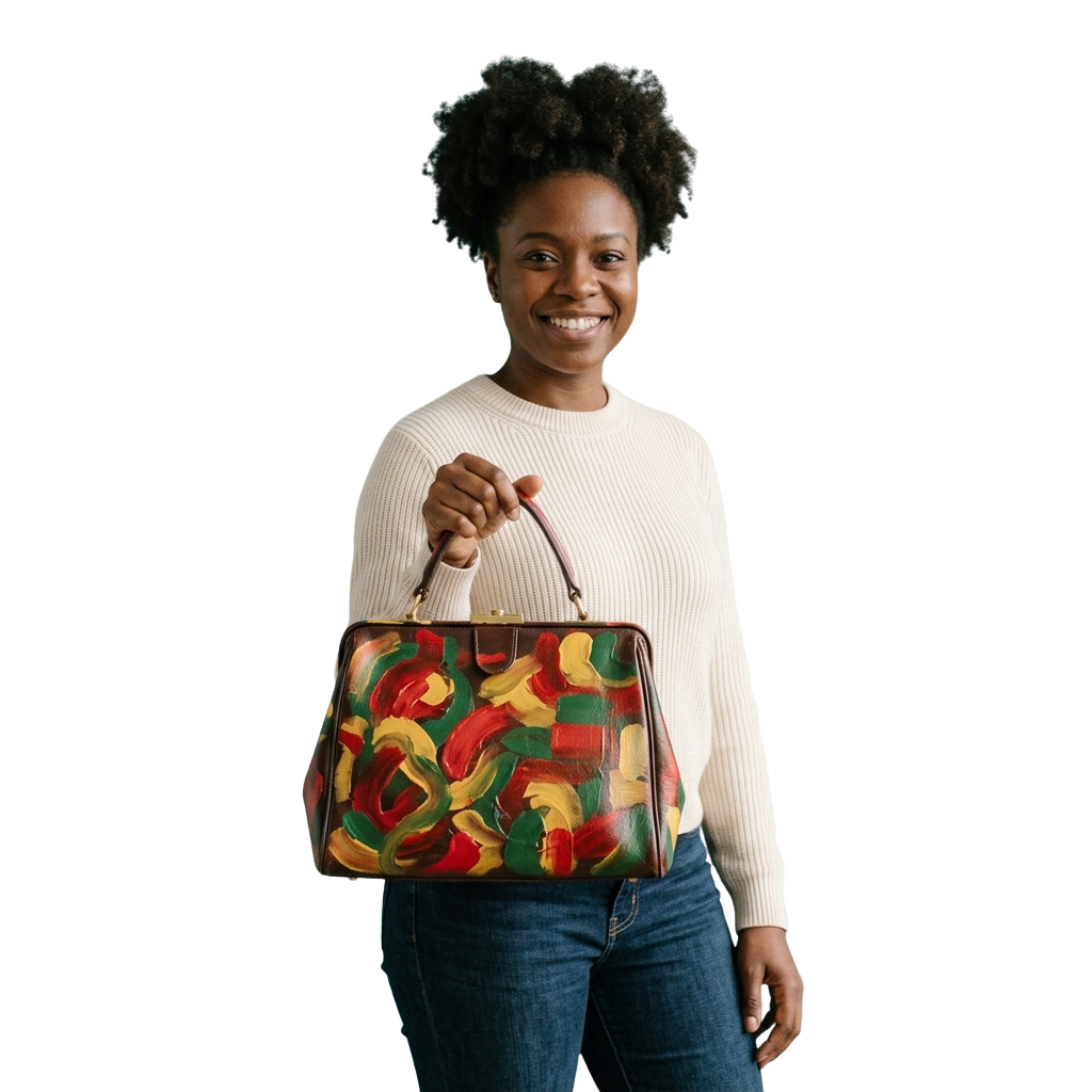A smiling woman holding a colorful, abstract-patterned handbag with red, green, and yellow swirls