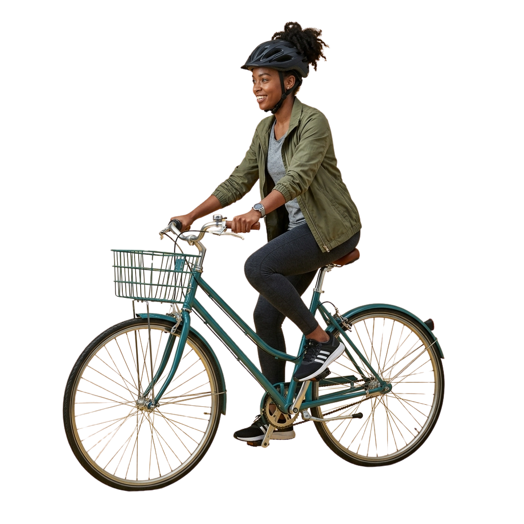 A smiling woman wearing a helmet rides a turquoise bicycle with a front basket and gold-spoked wheels.