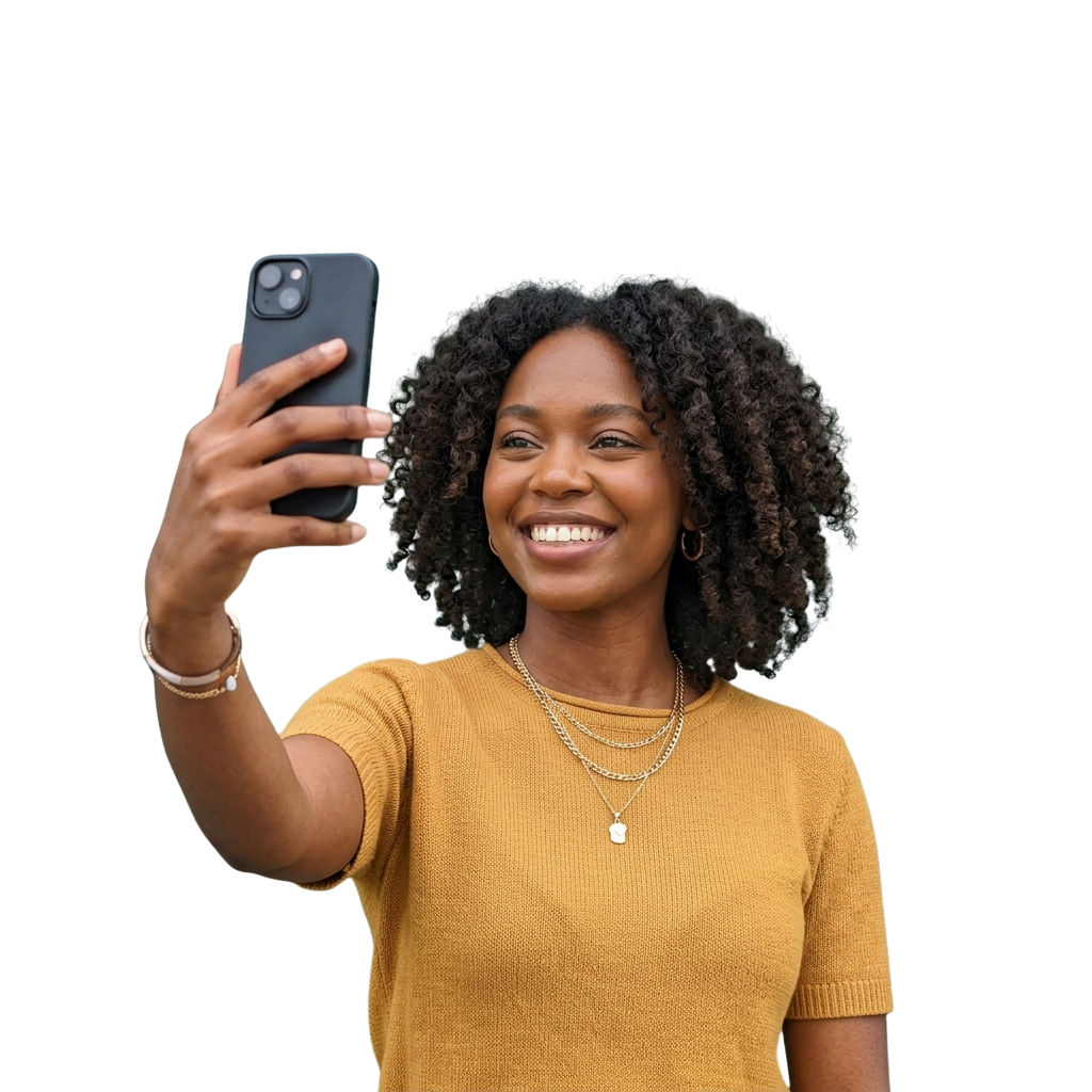 Smiling woman with curly hair taking a selfie with a smartphone, wearing a yellow sweater and layered necklaces