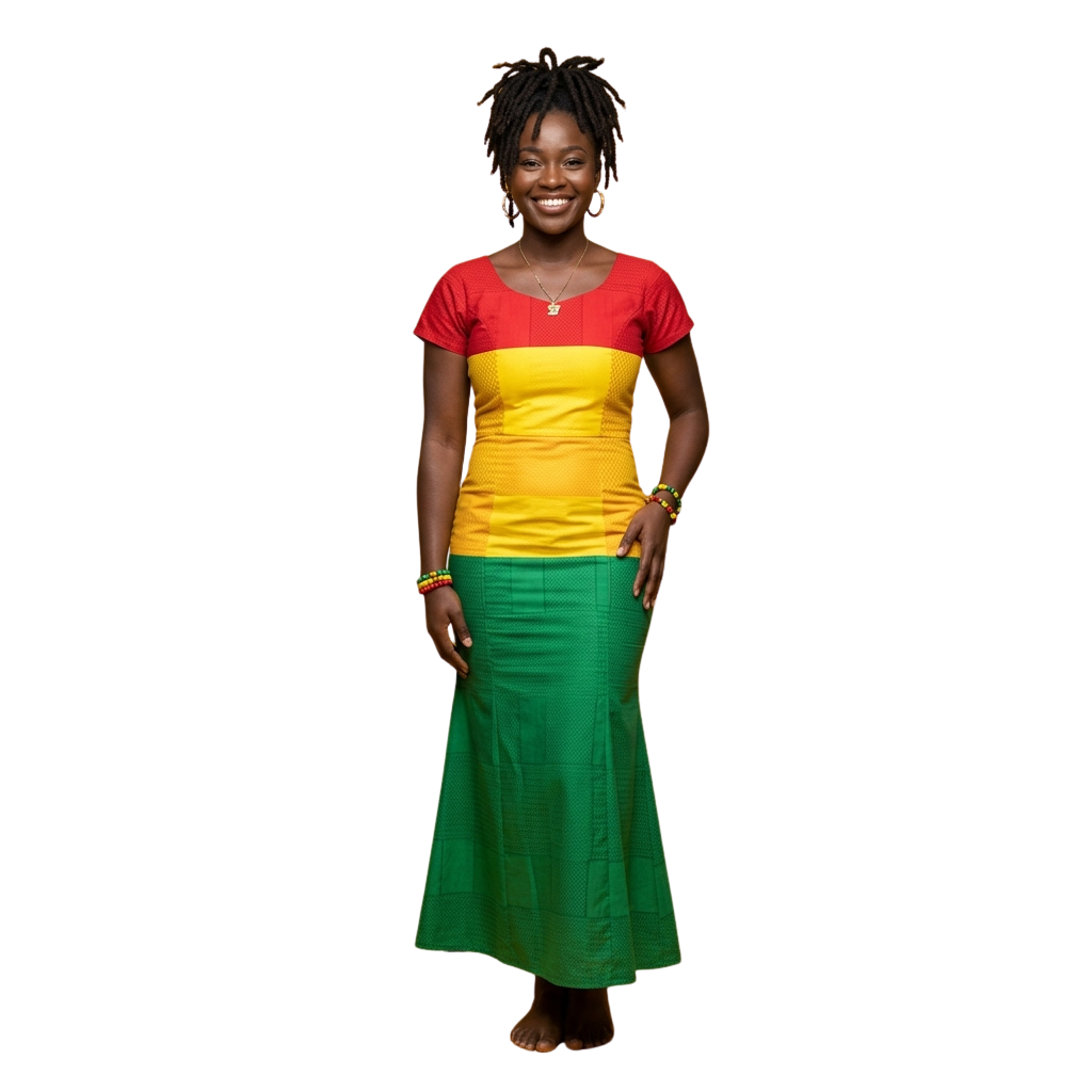 A smiling person wearing a red, yellow, and green outfit with a long green skirt standing against a black background