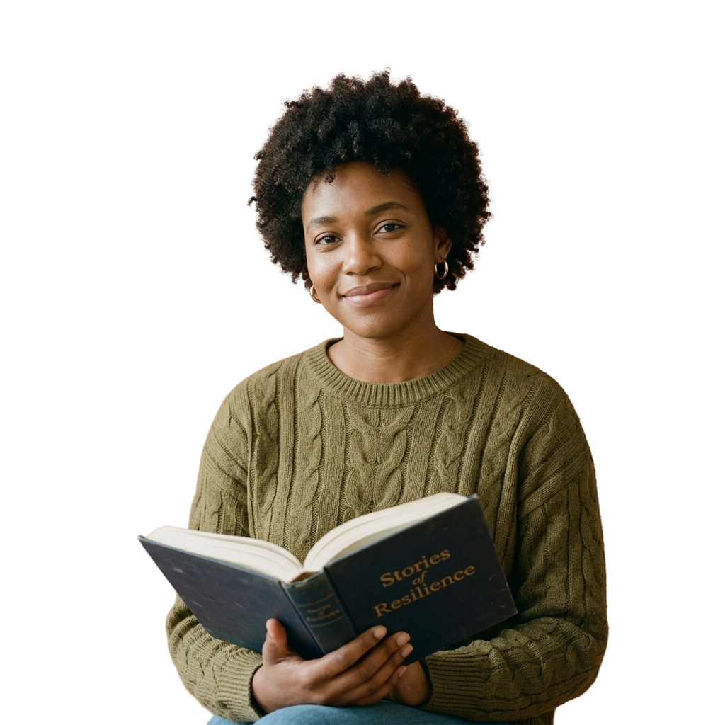 A person with curly hair smiling while holding an open book titled Stories of Resilience