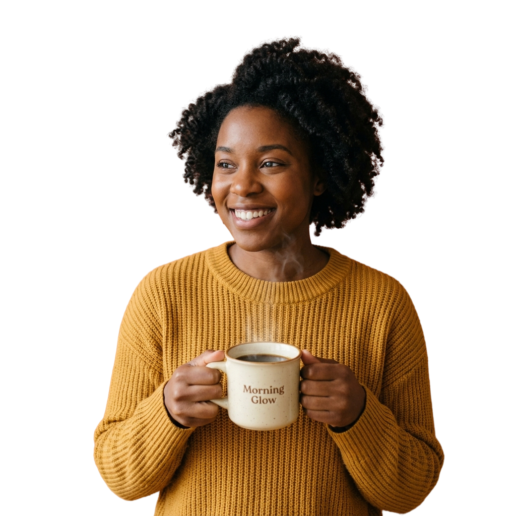 A smiling person with curly hair holding a steaming coffee mug labeled Morning Glow, wearing a yellow sweater