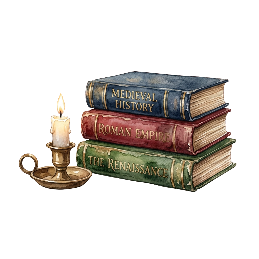 Stack of three vintage books labeled Medieval History, Roman Empire, and Renaissance with a lit candle beside them