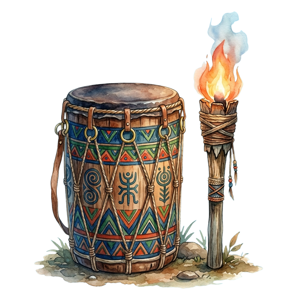 Illustration of a decorated wooden drum and a flaming torch on a dark background.