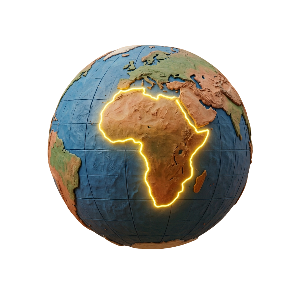 A globe with Africa outlined in bright yellow light against a dark background