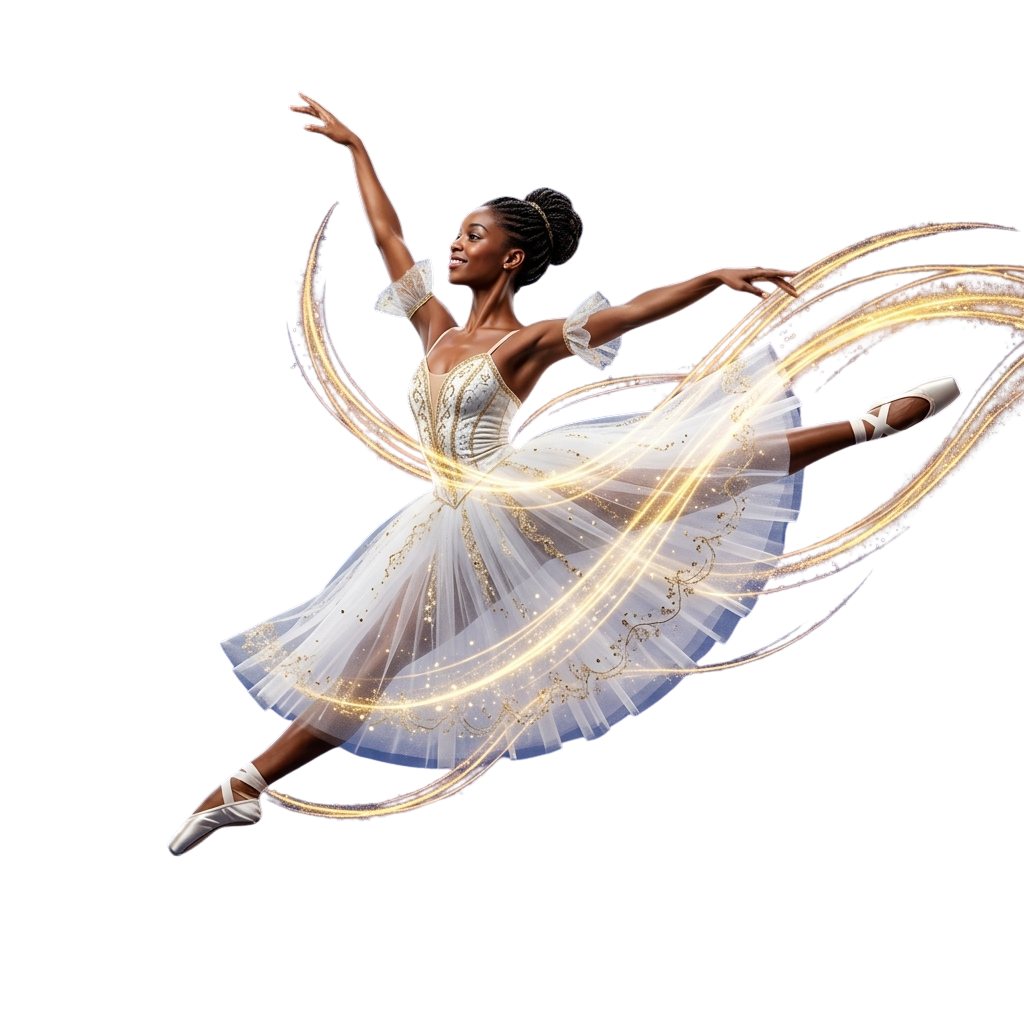 A ballerina in a white tutu with gold accents performing a twirling pose with arms extended and skirt radiating light trails.