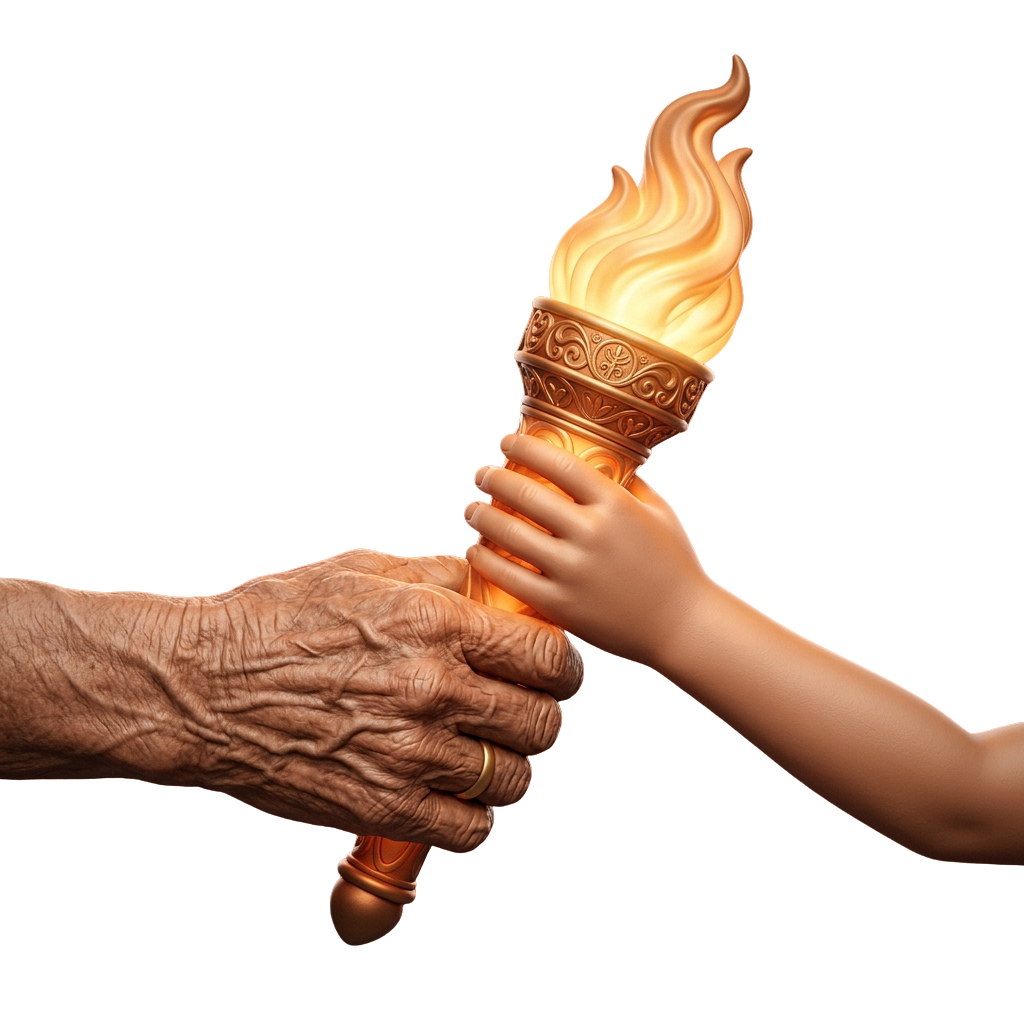 An elderly hand and a child’s hand passing a lit torch, symbolizing generational knowledge transfer.