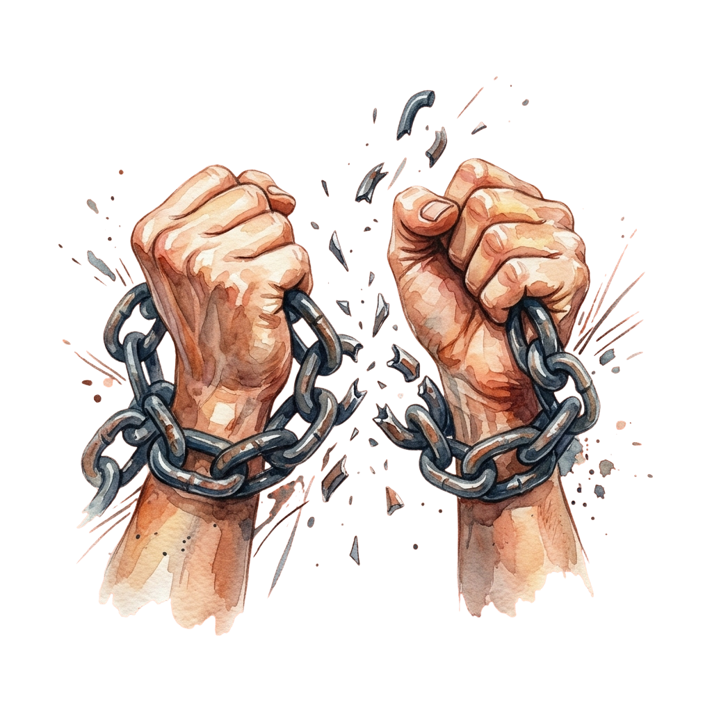 Two fists clenched, breaking apart a chain linking them, symbolizing freedom and strength.