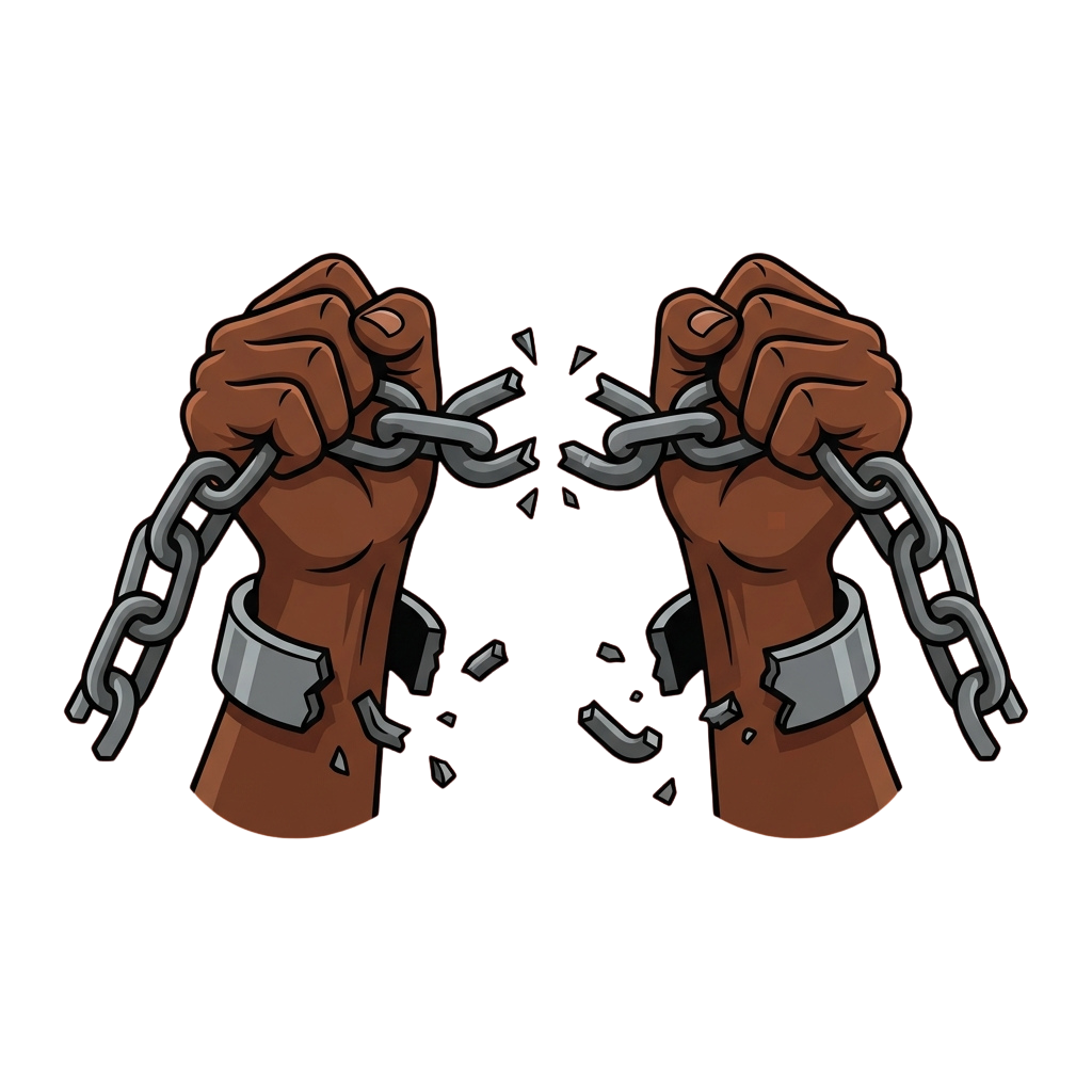 Two fists breaking apart a chain linking them, symbolizing freedom and breaking free from constraints