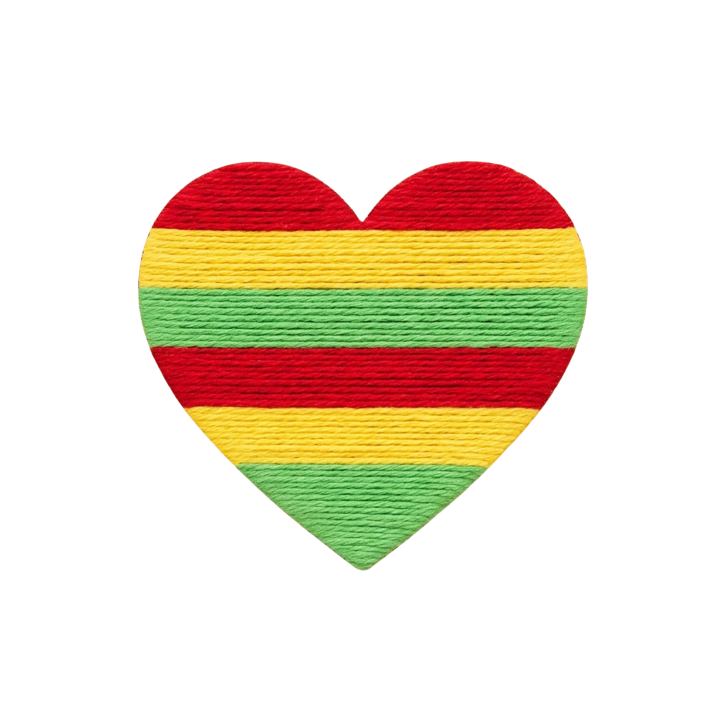 Heart shape made from red, yellow, and green striped yarn against a black background