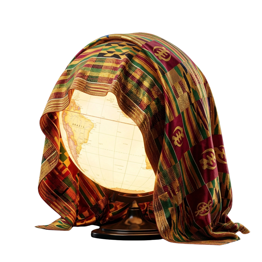 A globe lamp partially covered with a vibrant, patterned woven fabric draped over it.