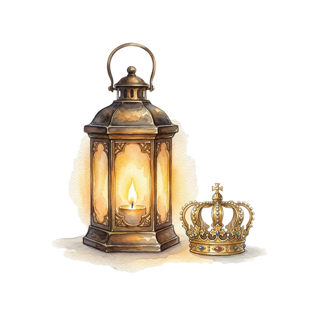 Illustration of an antique lantern with a lit candle and a decorative crown beside it on a dark background