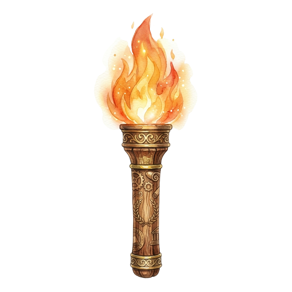 Illustration of a lit torch with ornate carvings and bright flames at the top