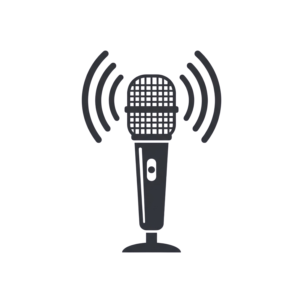 A sleek microphone icon with wireless signal waves extending from both sides