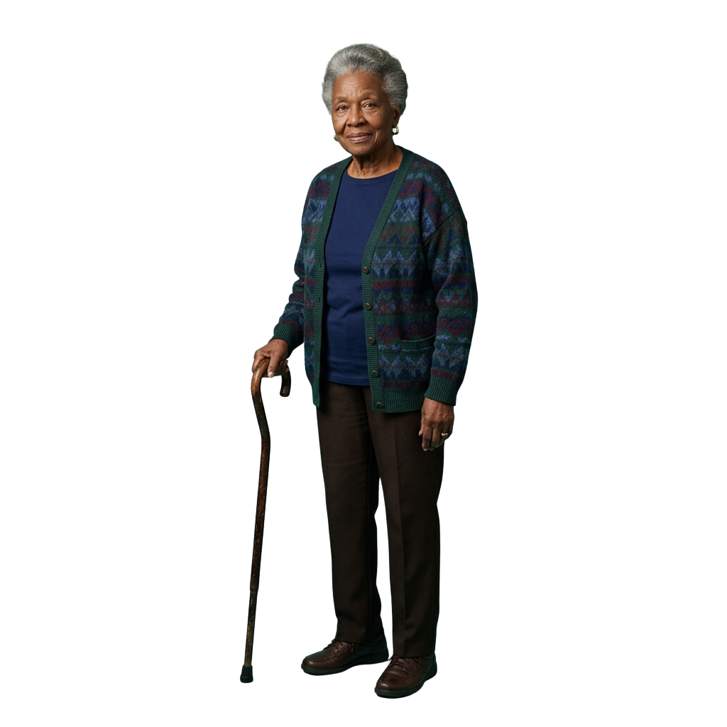 Smiling elderly woman standing with a cane against a dark background