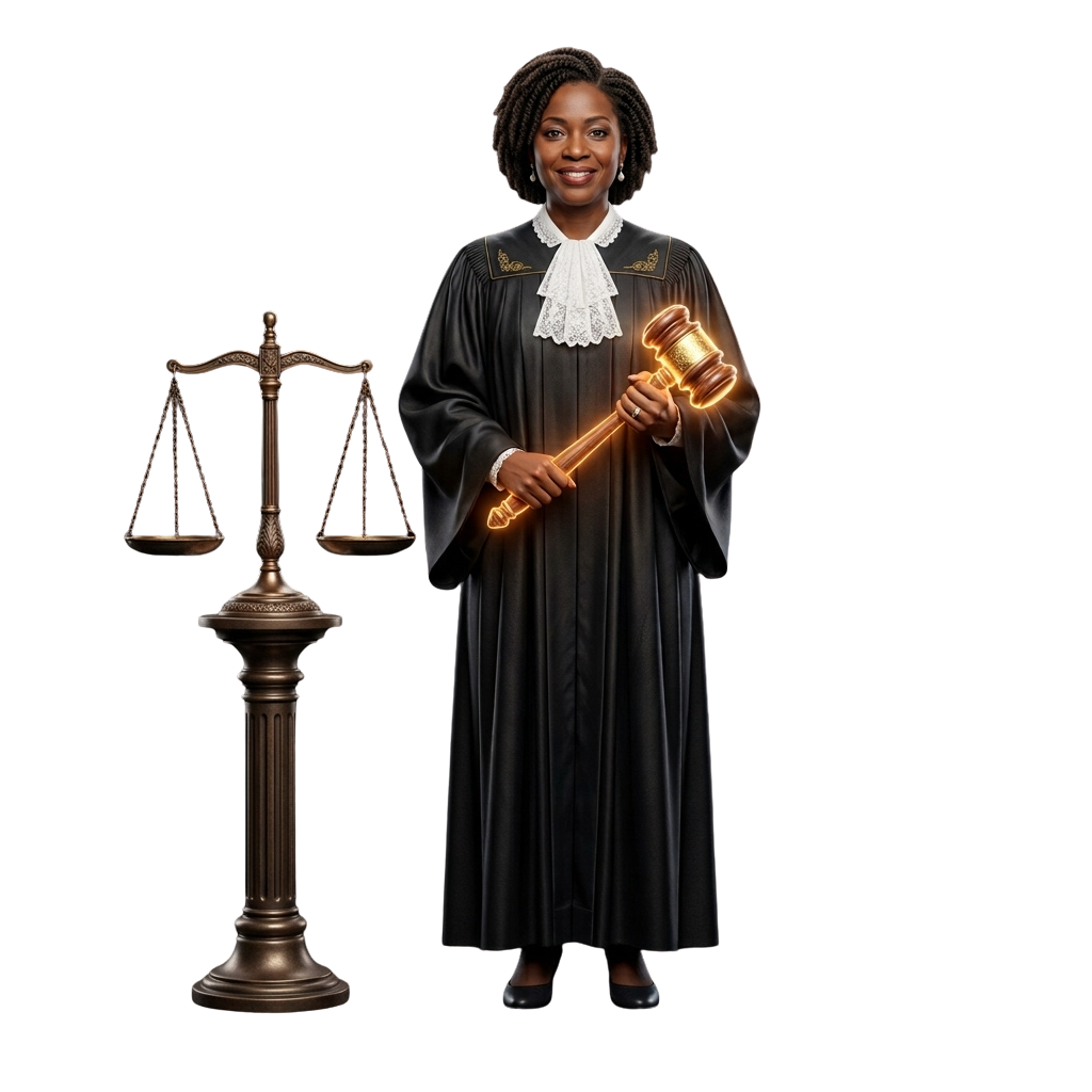 A judge in black robes holding a glowing gavel, standing next to a set of scales symbolizing justice and balance.