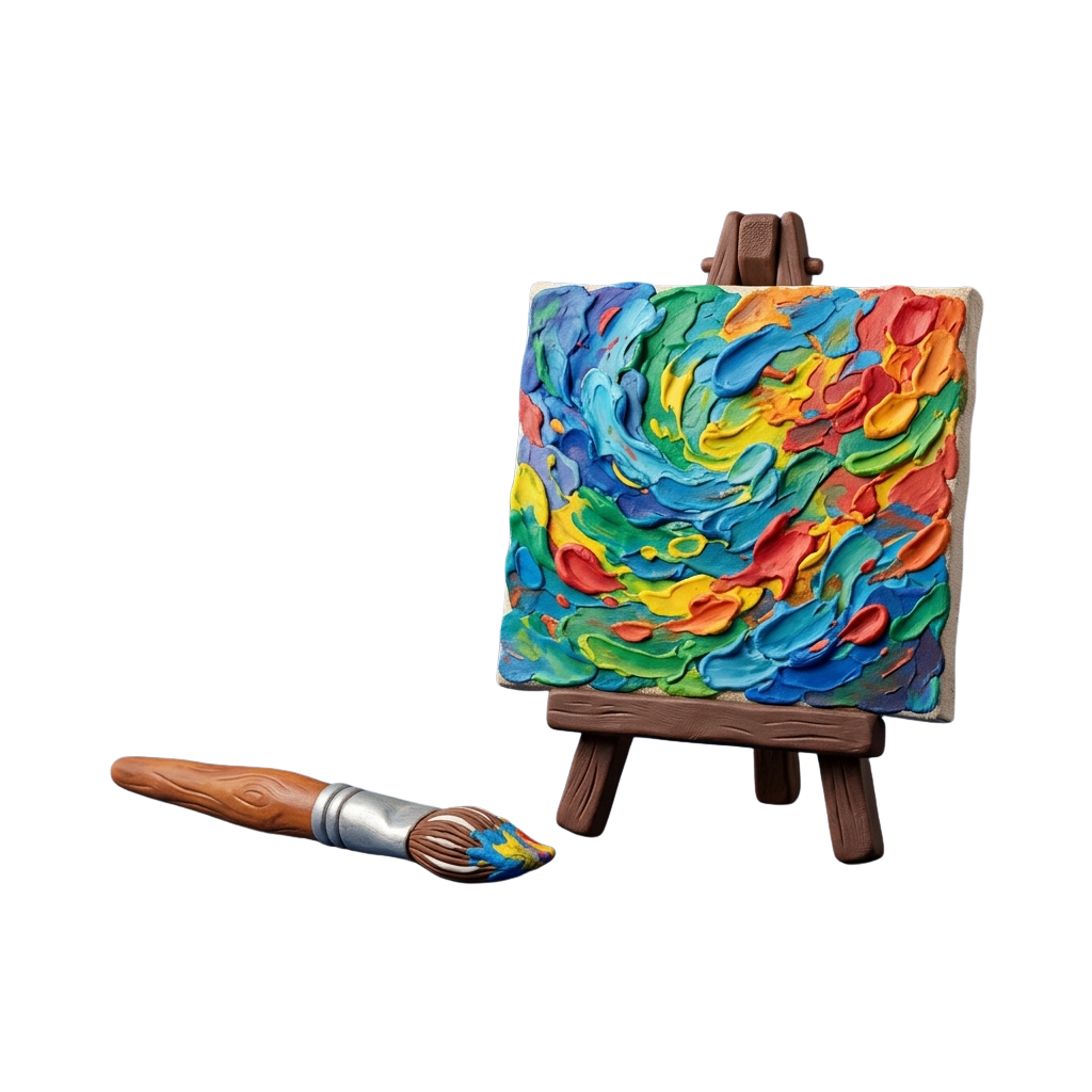 A vibrant abstract painting on an easel with a paintbrush beside it on a black background