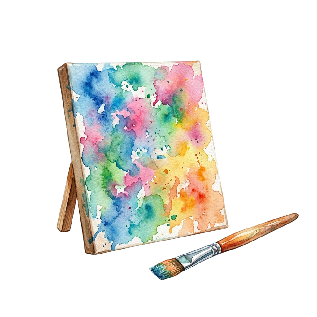 A watercolor painting on an easel featuring vibrant abstract splashes of blue, green, pink, and yellow with a brush nearby