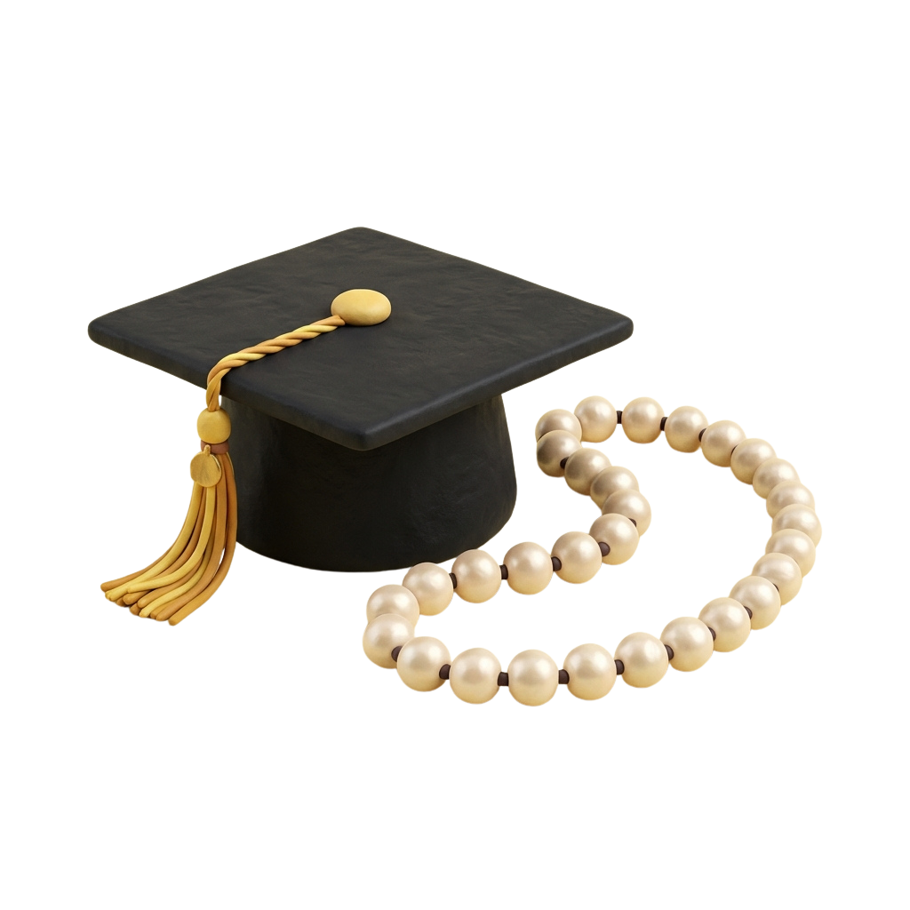 Black graduation cap with gold tassel and gold pearl beaded necklace on black background