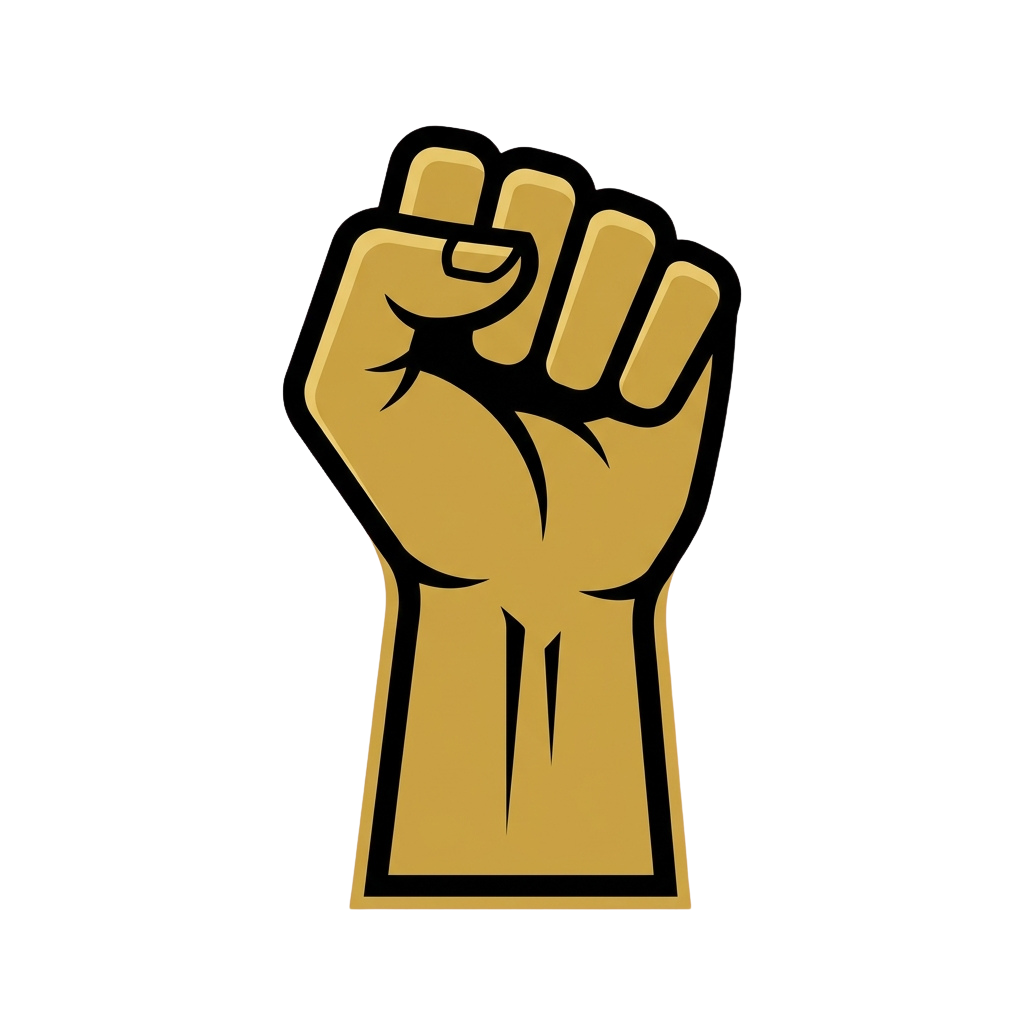 A raised golden fist against a black background symbolizing power, unity, and resistance