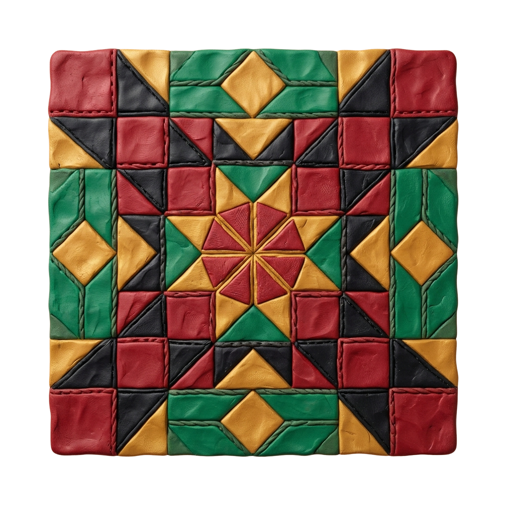 Colorful quilt square featuring geometric patterns in red, green, yellow, and black fabric pieces