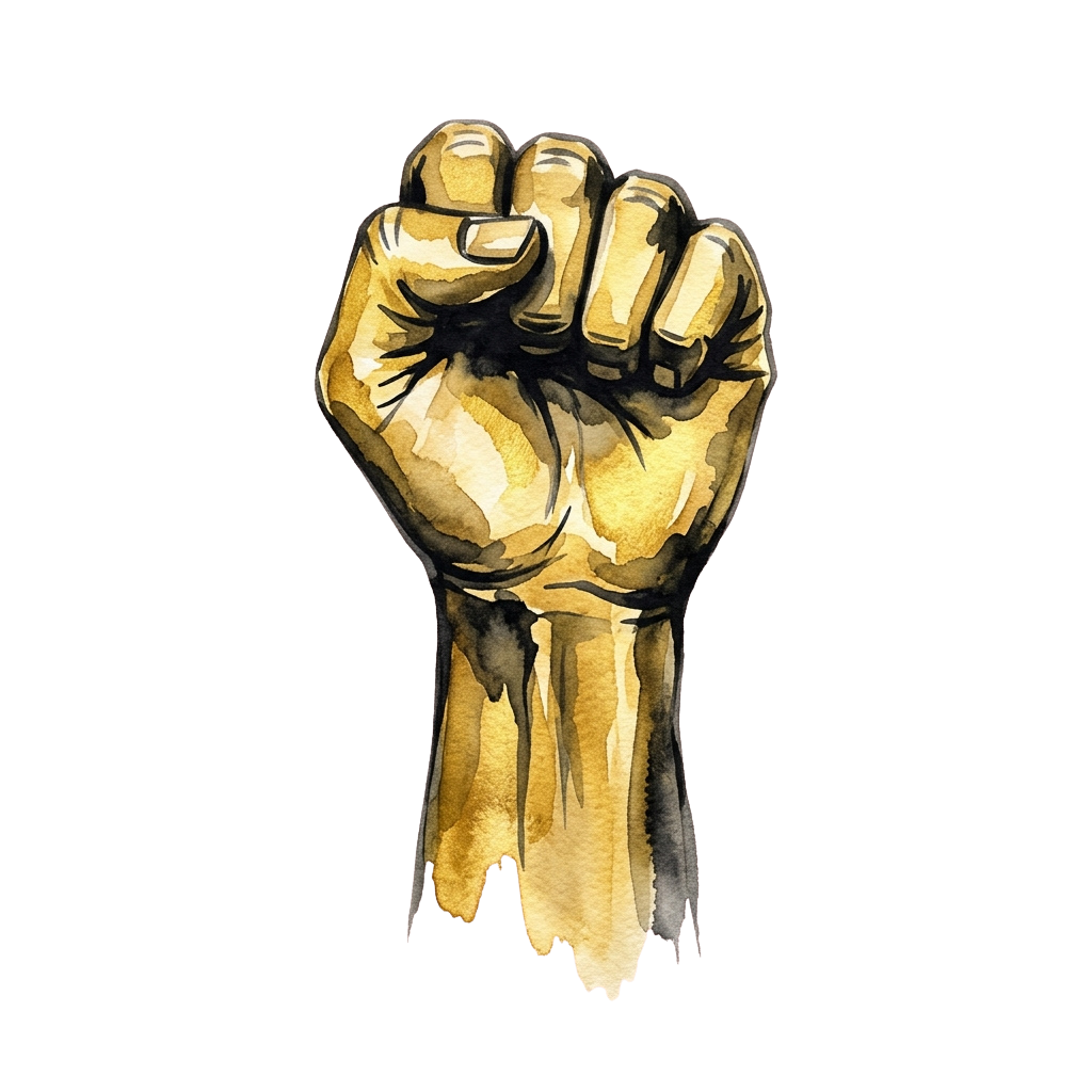 A clenched golden fist on a black background with a watercolor effect