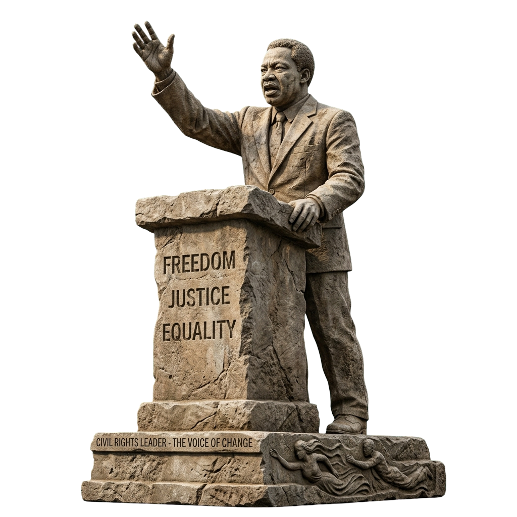 Statue of a civil rights leader speaking at a podium with words Freedom, Justice, Equality inscribed on it