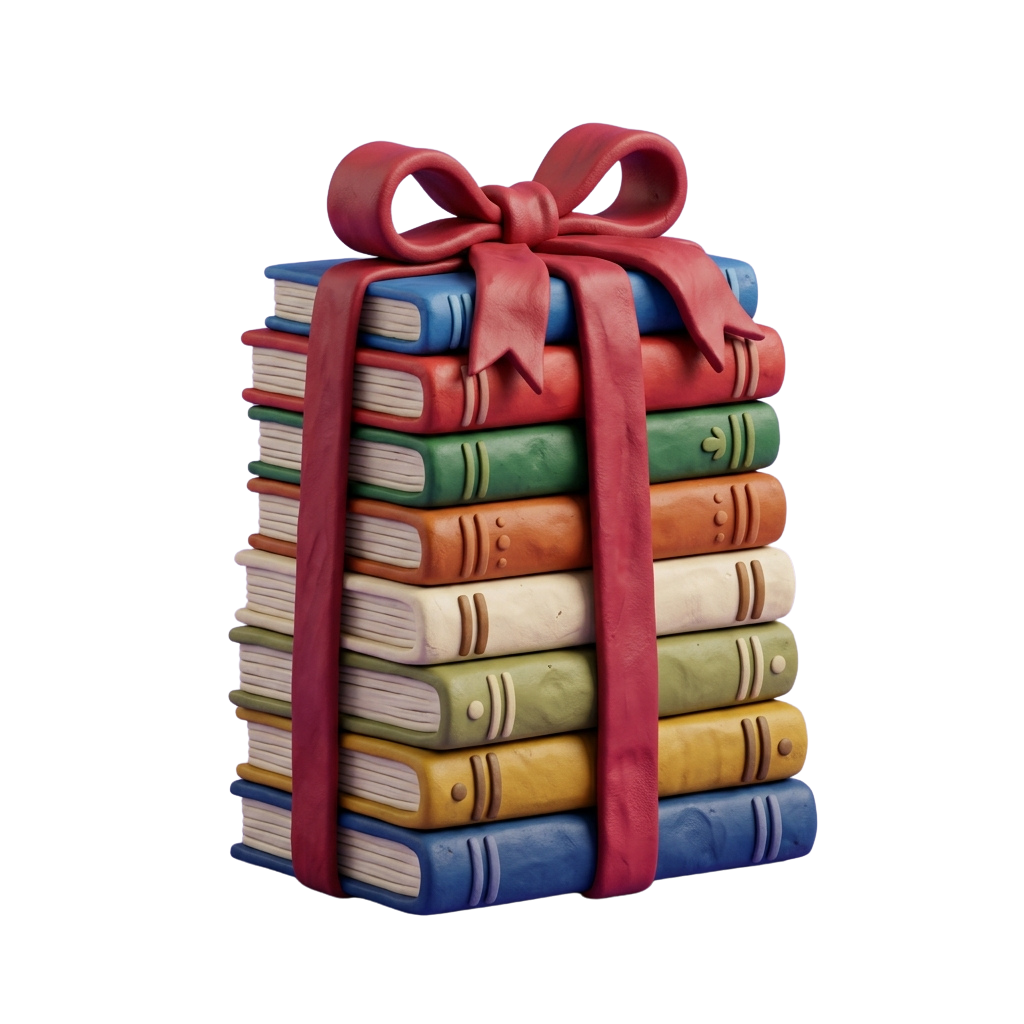 A stack of colorful books wrapped with a red ribbon and bow.