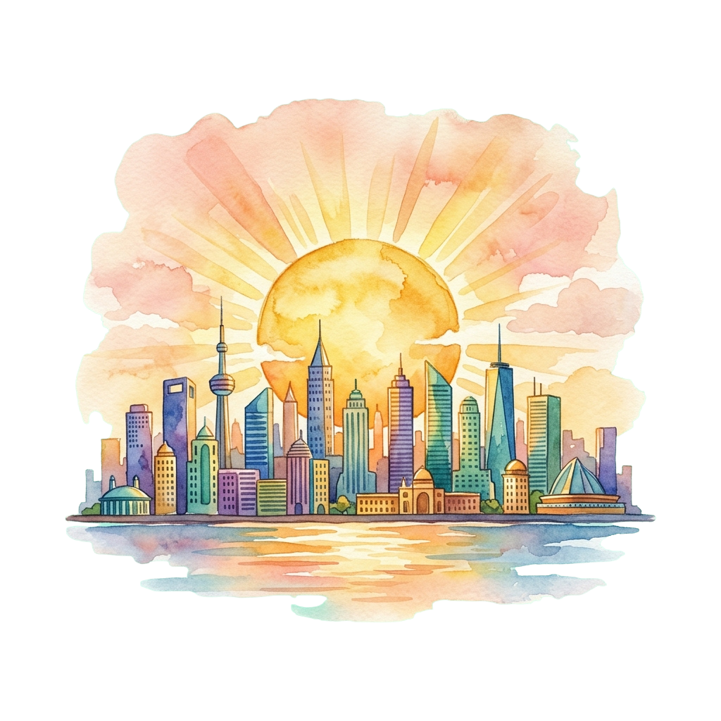 Watercolor illustration of a city skyline at sunrise with a glowing sun and calm water