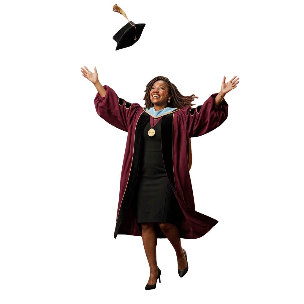 Woman in graduation gown and cap jumping with arms raised, tossing her cap into the air