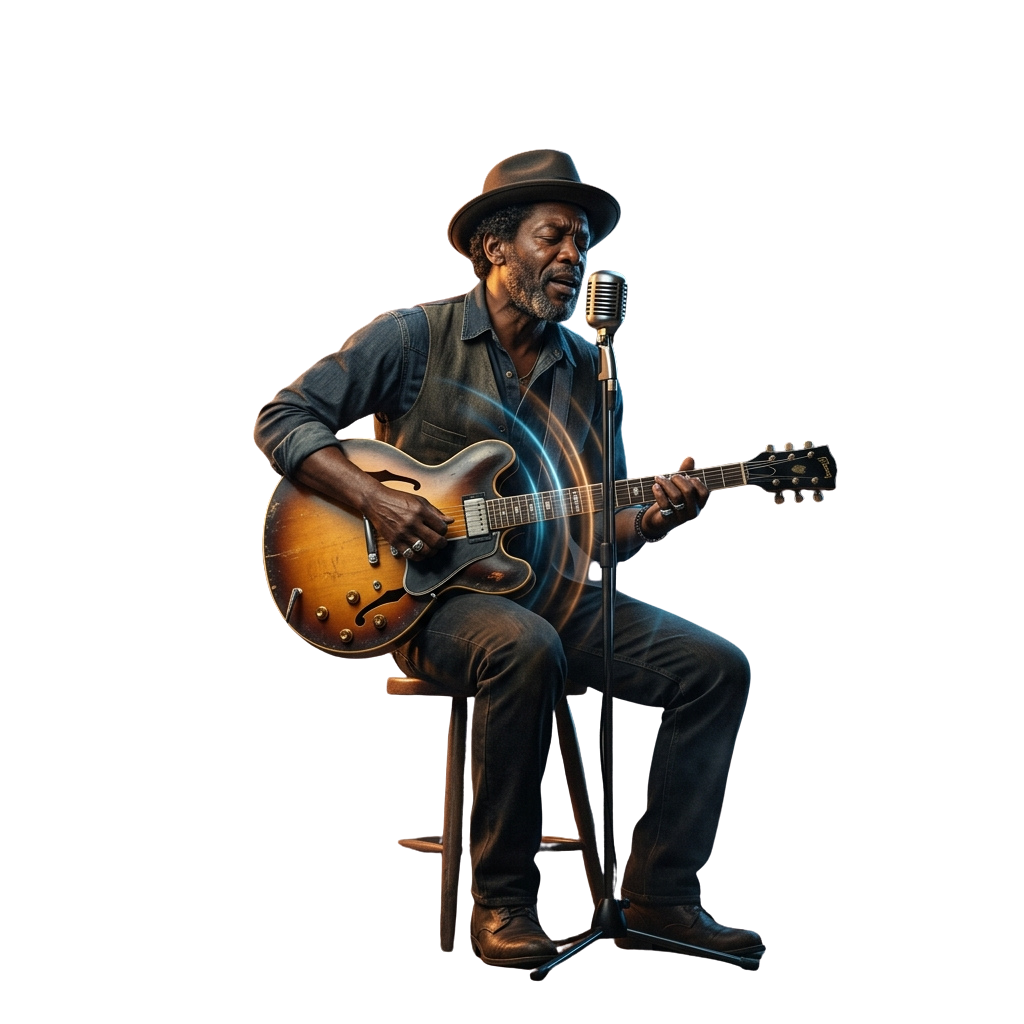 A man sitting on a stool, playing an electric guitar and singing into a microphone.