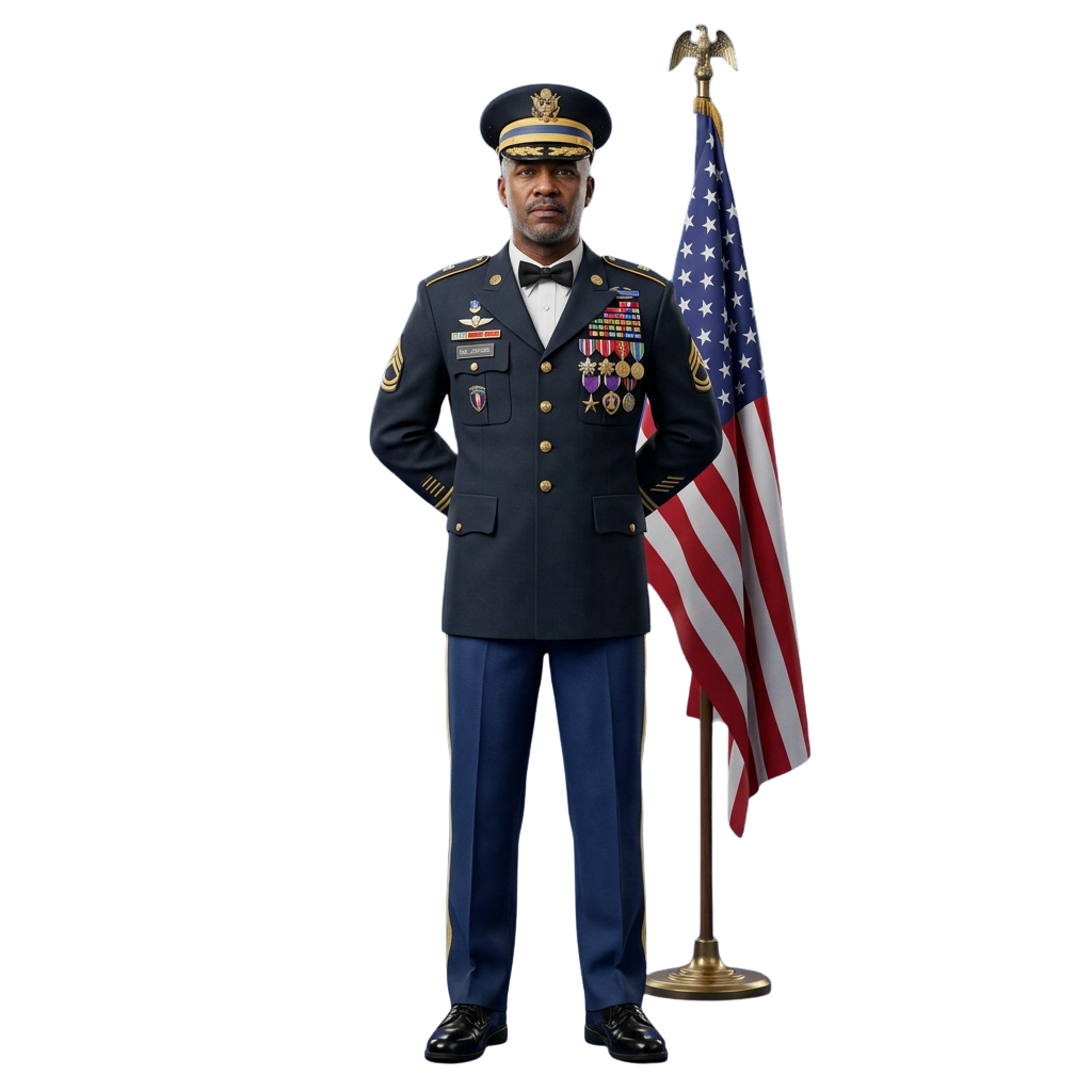 Military officer in formal dress uniform standing beside an American flag