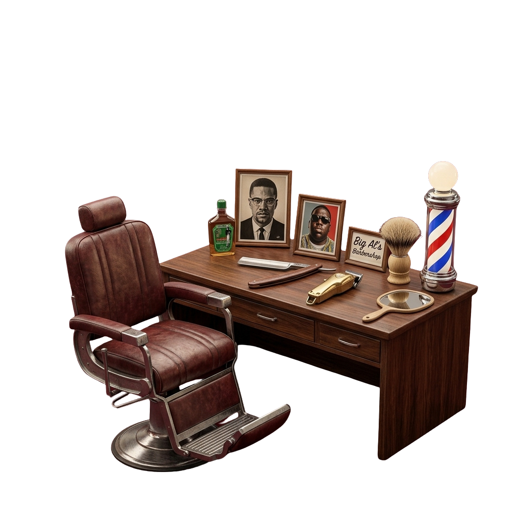 A classic barber chair with leather seat and metal frame, positioned in front of a wooden desk with barber tools and framed portraits.