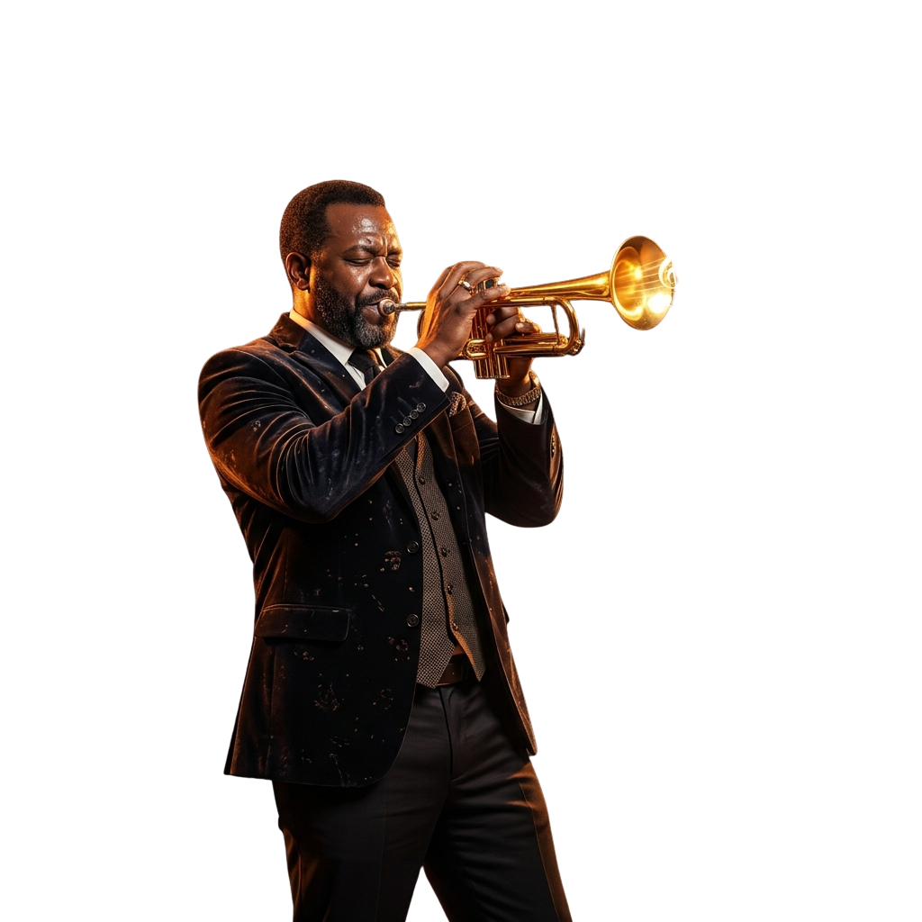 A man in a suit playing a trumpet against a dark background